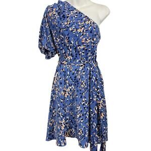 Nine West One Shoulder Belted Mini Blue Animal Print Party Summer Dress sz L